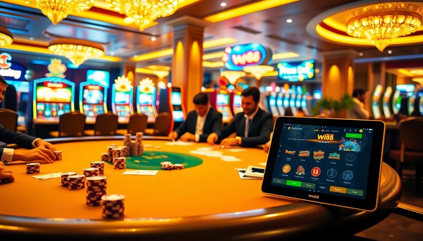 W88 players enjoying a luxurious poker experience with vibrant casino visuals.