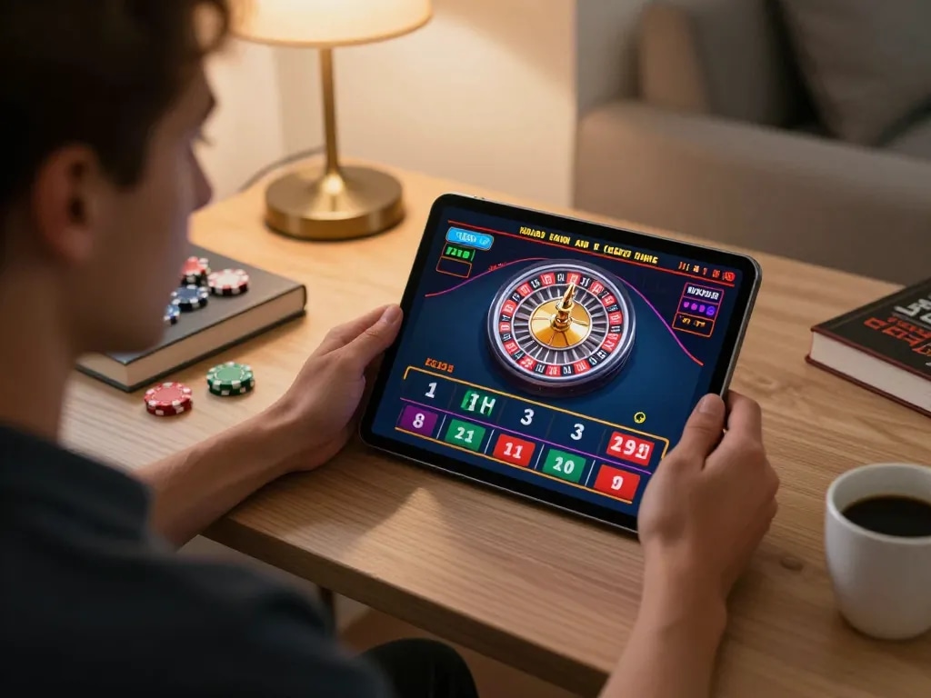 Nohu90 user places bets on virtual roulette while studying strategies in a cozy setting.