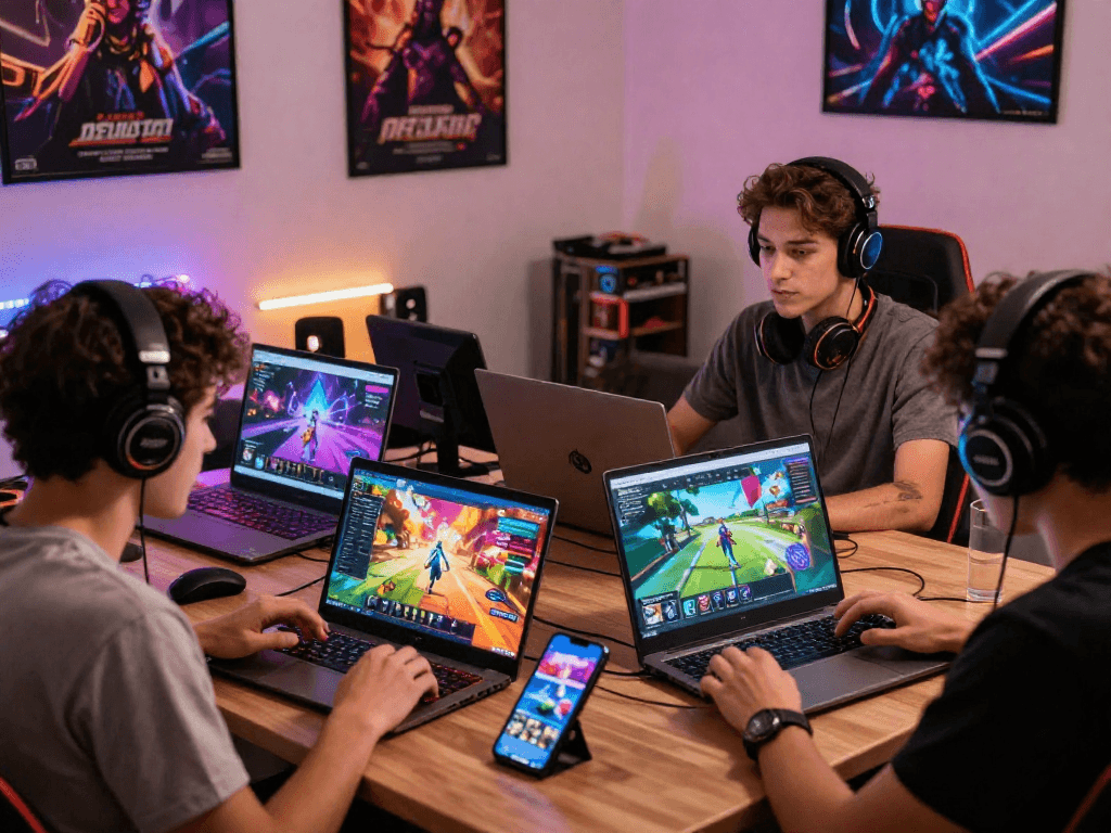 Players happily engaging with HTML porn games across multiple devices in a cozy gaming environment.