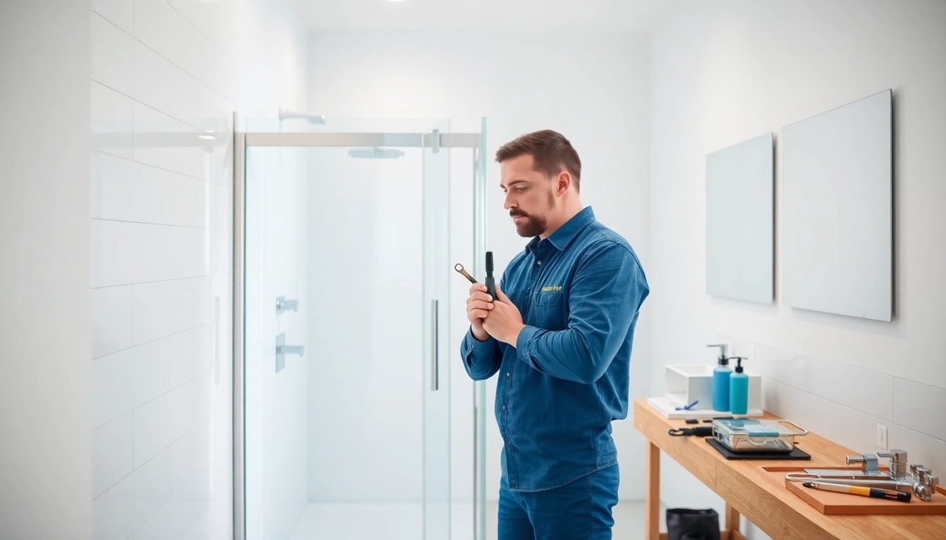 Shower fitter installing a sleek shower unit in a modern bathroom with bright, natural lighting.