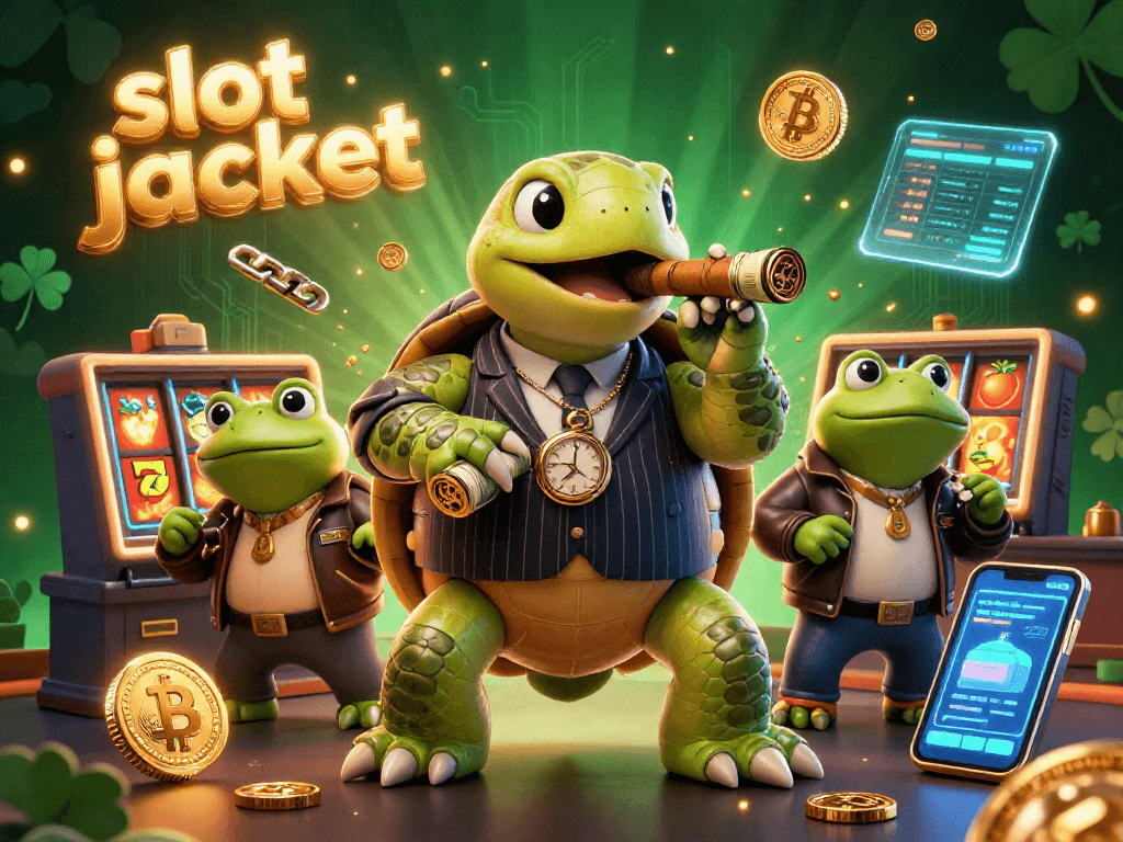 Win big with slot jackpot in this vibrant 3D casino scene featuring a lucky turtle and bullfrog enforcers.