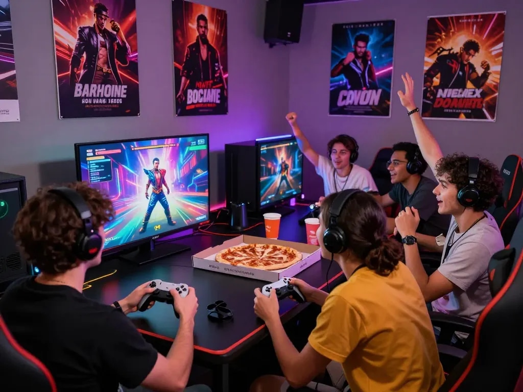 Playing a real porn game with friends in a vibrant gaming lounge atmosphere.