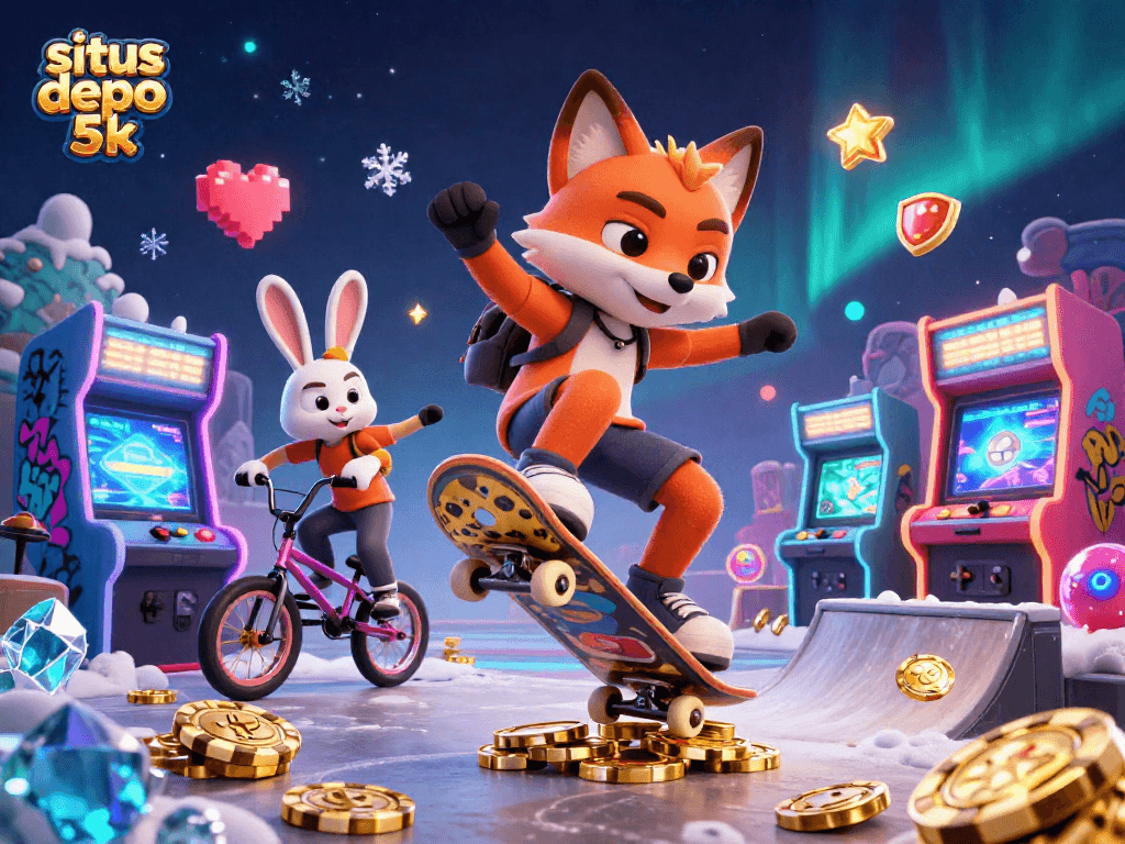 Engage with situs depo 5k casino action featuring a skateboarder fox and BMX rabbit in dynamic illustration.