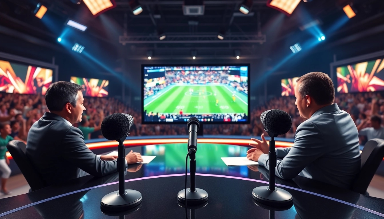 Hosts discussing sports broadcasting in a lively studio with vibrant highlights.