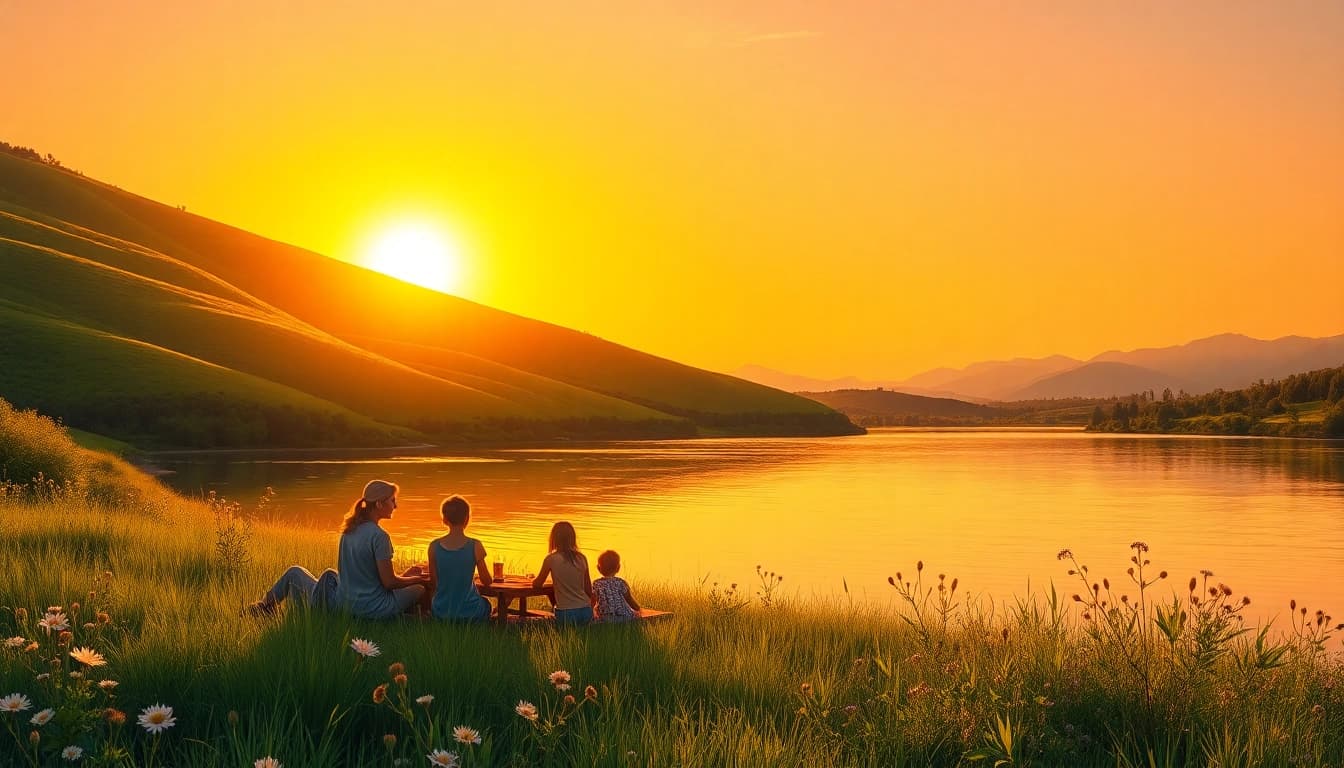 Clarksburg landscape at sunset with family picnic by a tranquil lake.
