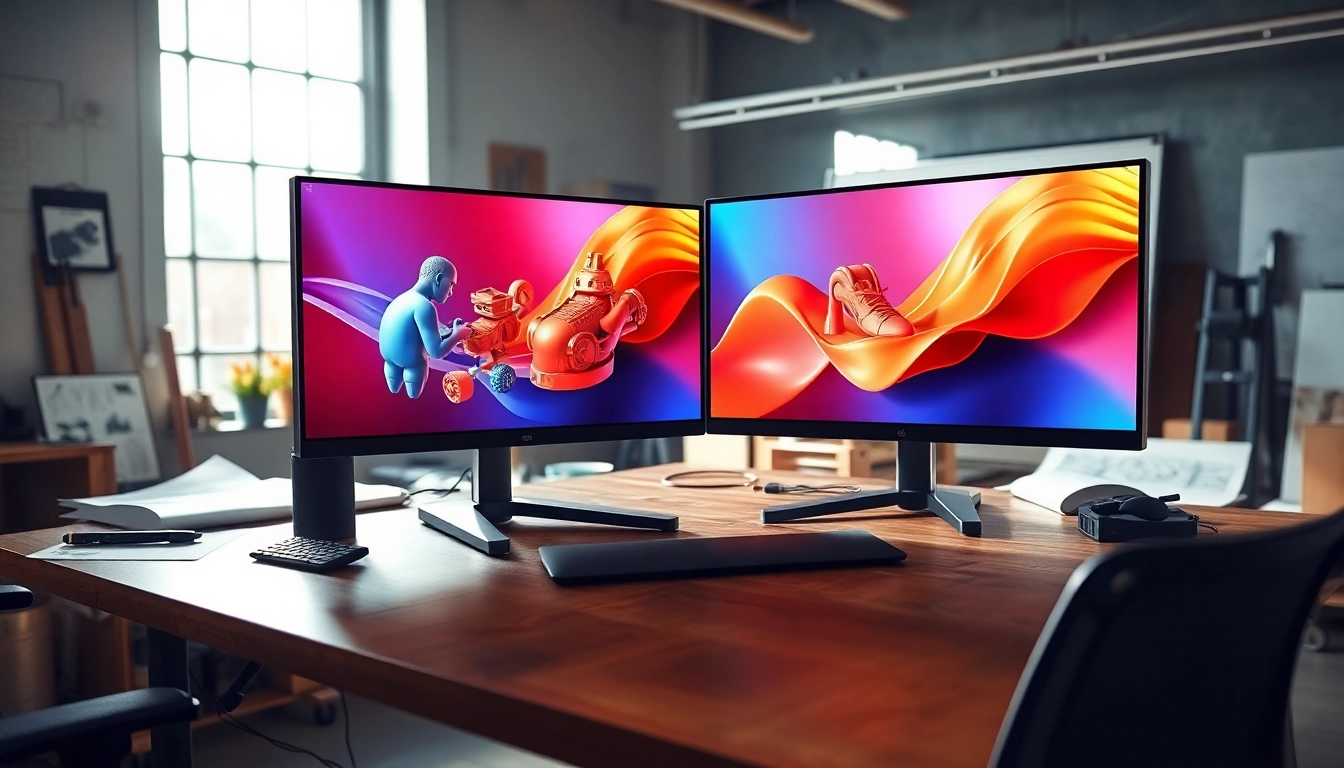 3D Visualisierung erstellen am Computer: Detailreiche 3D-Modelle auf Monitoren und kreatives Arbeitsumfeld.