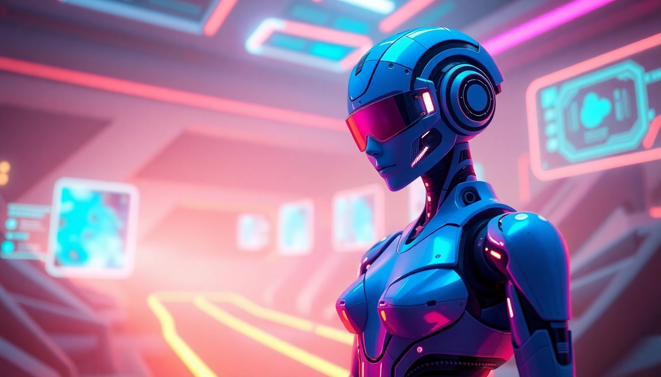 Engaging NSFW character AI in a vibrant futuristic digital landscape with holograms and ambient lighting.