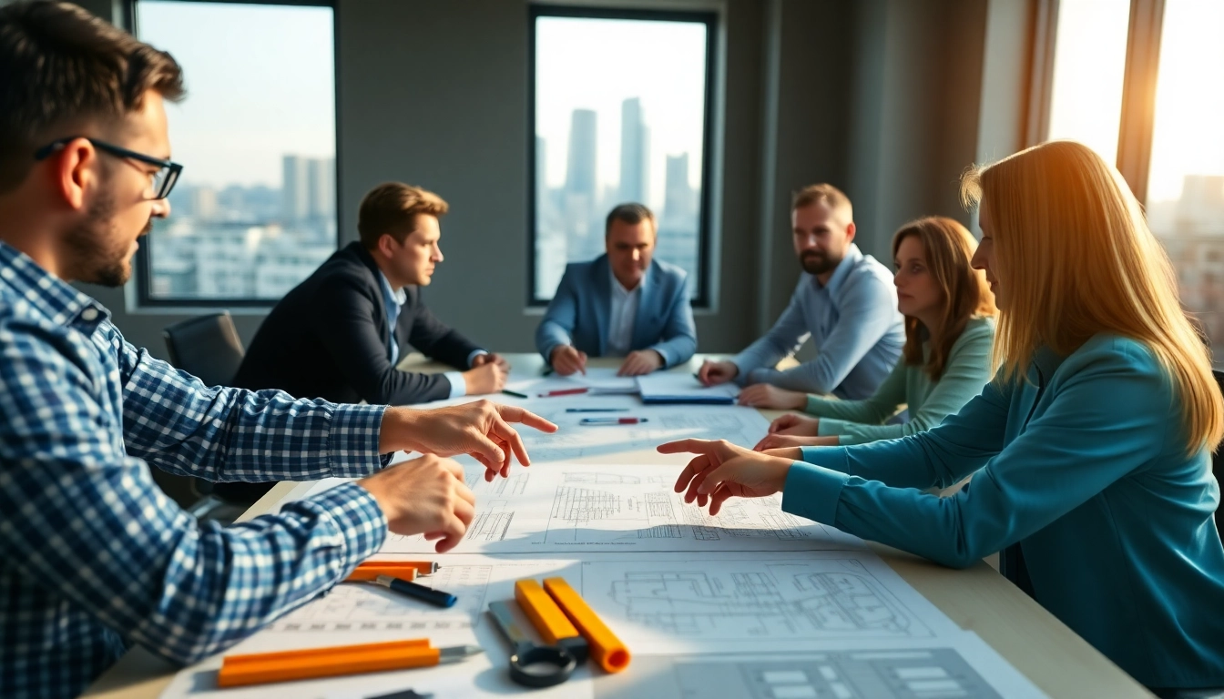 Construction association members discussing plans in a modern meeting room.
