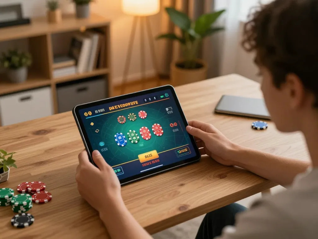 Experience casino online gratis senza registrazione with a tablet showcasing vibrant casino games in a cozy home setup.