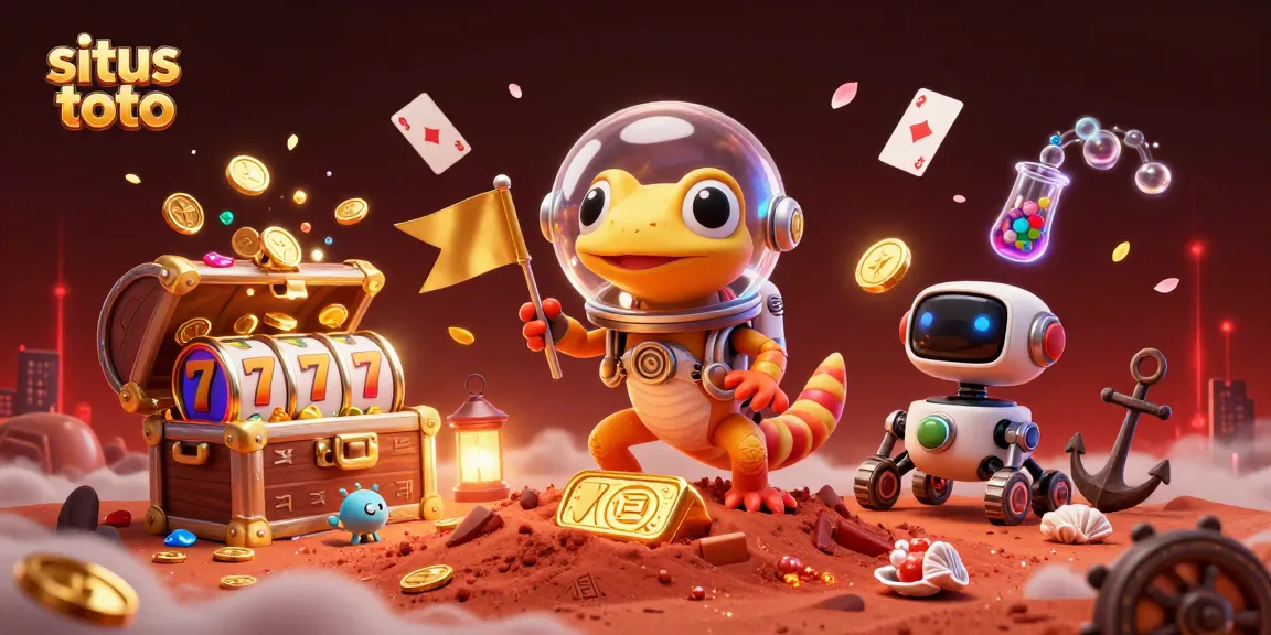 Engage with situs toto through a lively scene of a Martian gecko uncovering treasures in a cosmic casino.