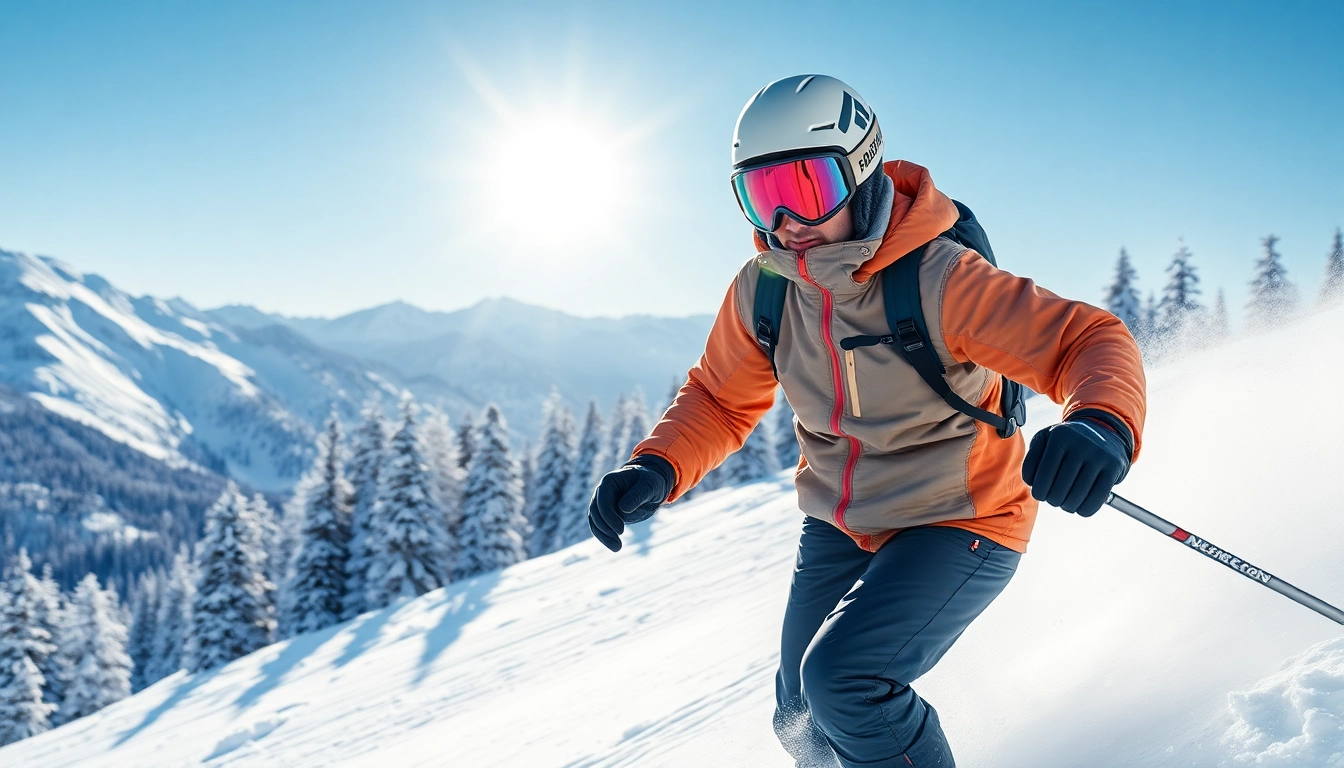 Athlete skiing in breathable snow gear, showcasing bright colors and snowy mountains.