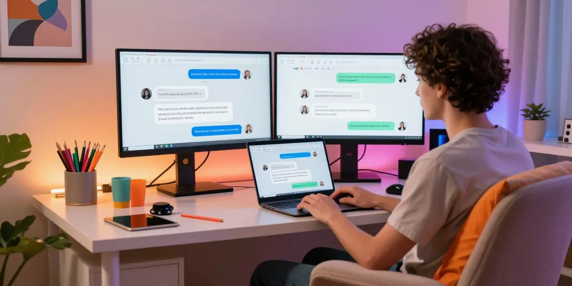 Engaging conversation with an NSFW chat bot in a cozy home office environment, showcasing technology and comfort.