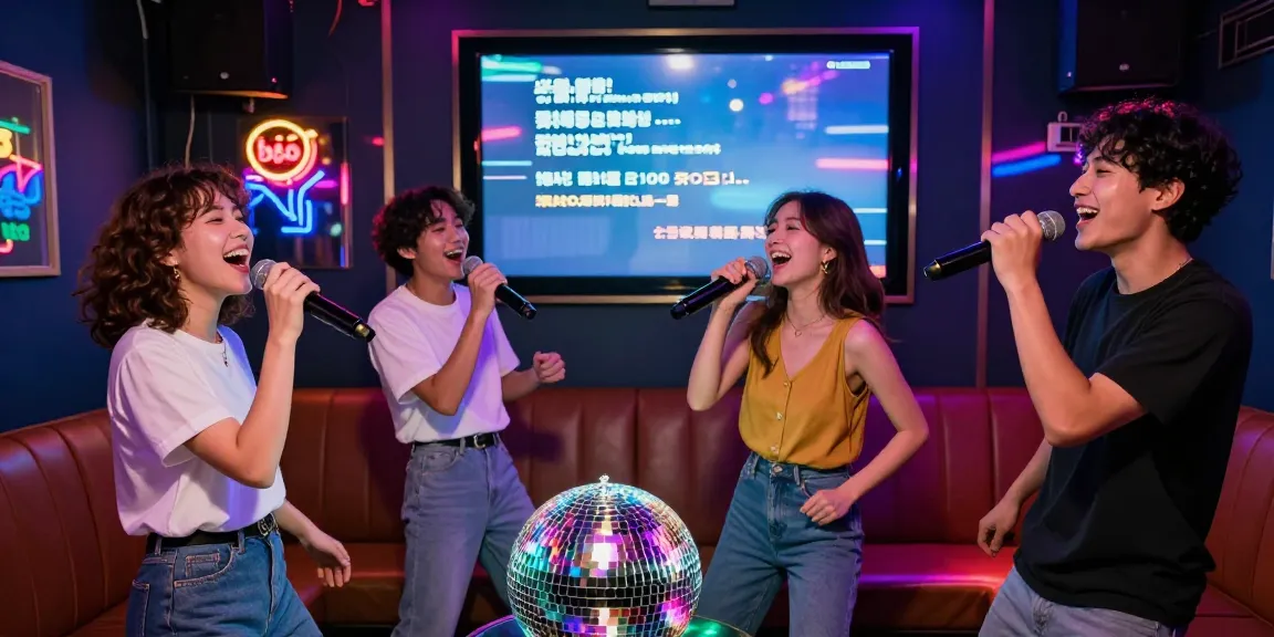 Gangnam가라오케 night scene with friends singing joyfully, colorful lights, vibrant atmosphere