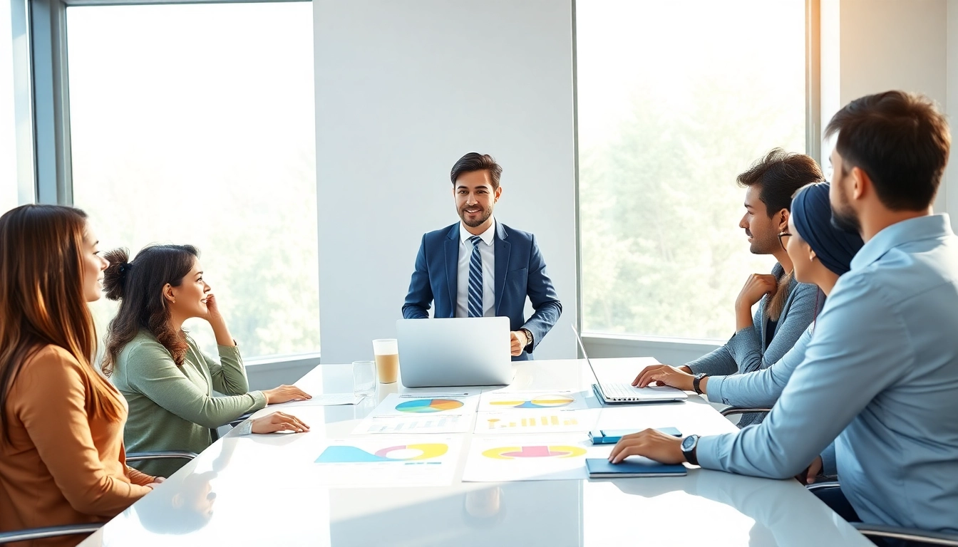 Engaging career consultant advising clients in a modern office setting, showcasing professionalism and collaboration.