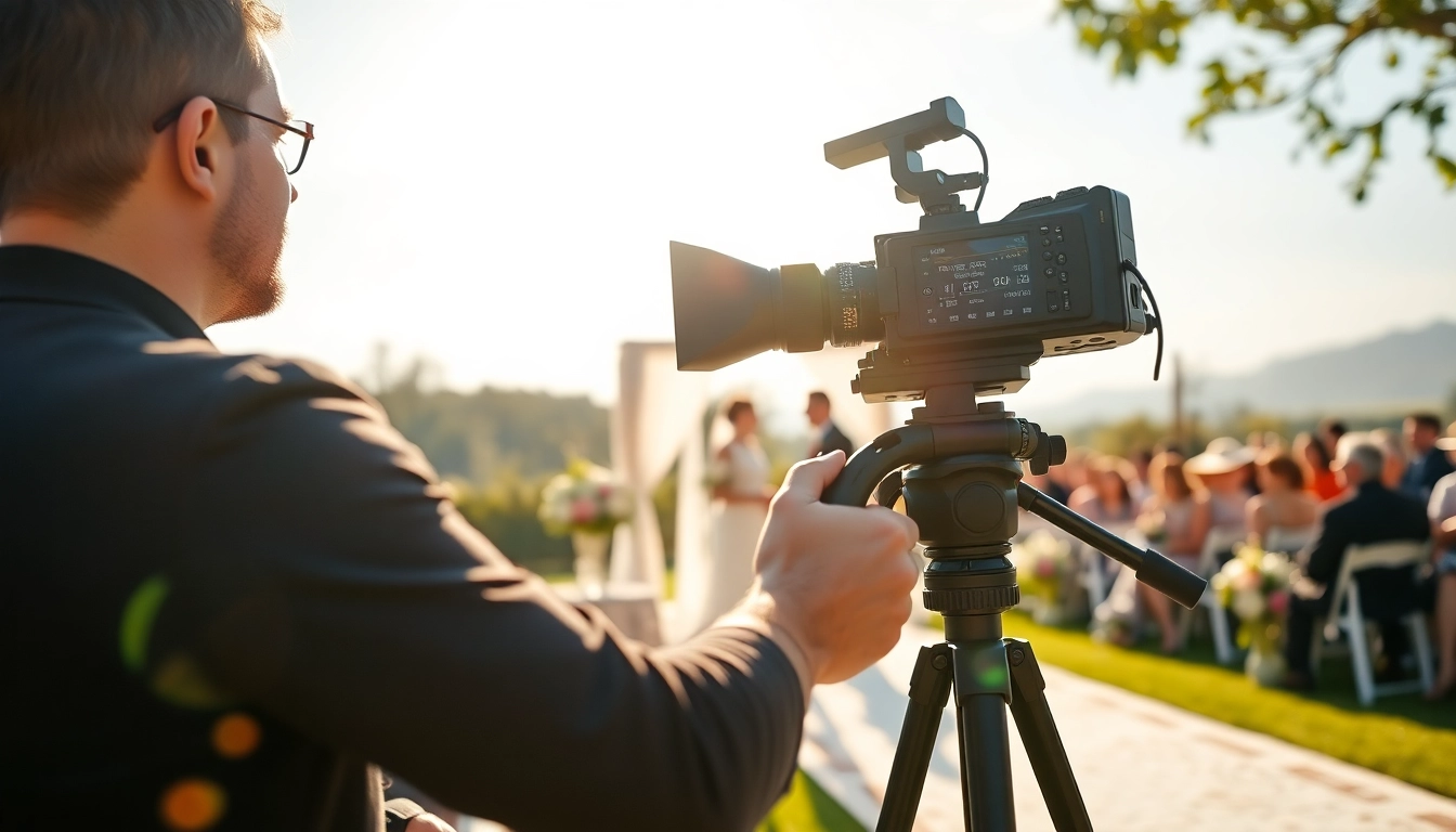 Videographer capturing a wedding event with professional equipment outdoors.