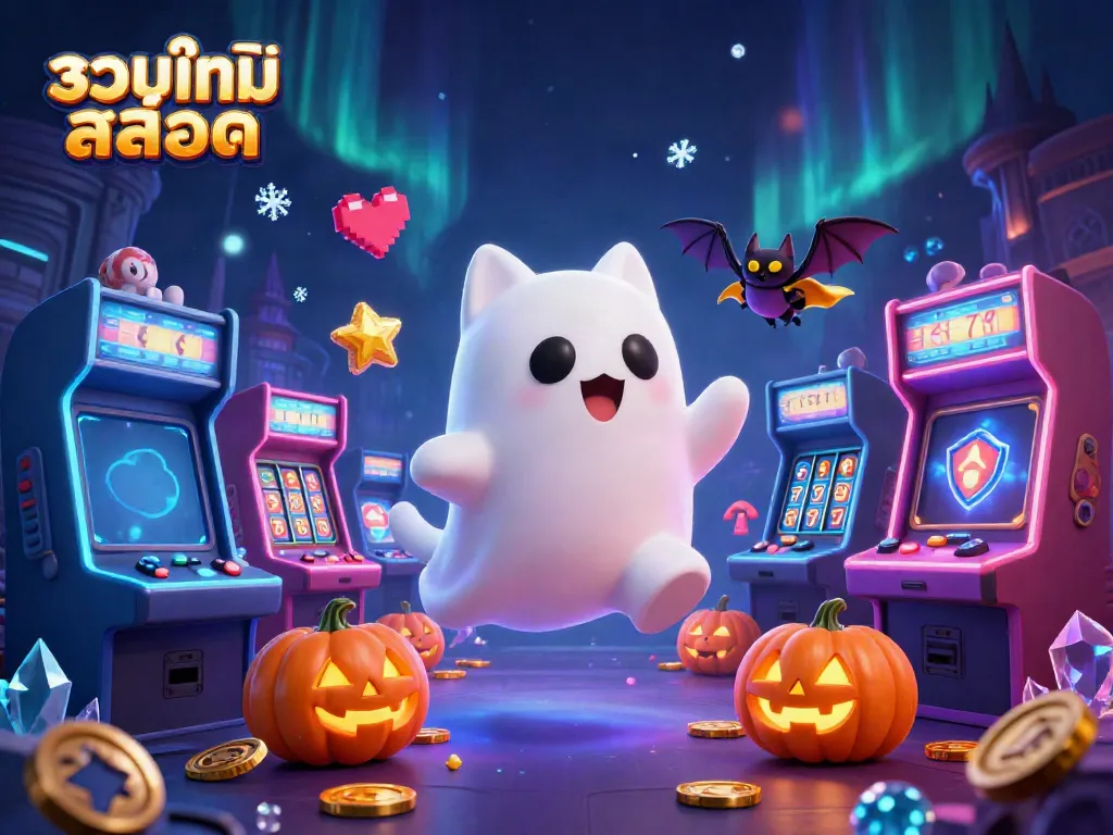 Experience the fun of รวมเกมสล็อต with a friendly ghost cat and vampire bat in a lively casino scene.