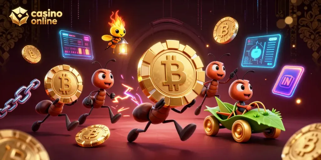 Hormigas transportando una ficha gigante en un atraco a un casino online con elementos vibrantes de criptomonedas.