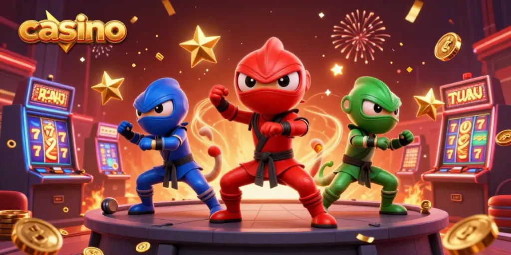 Capture exciting casino energy with chameleons, slot machines, and gold coins.