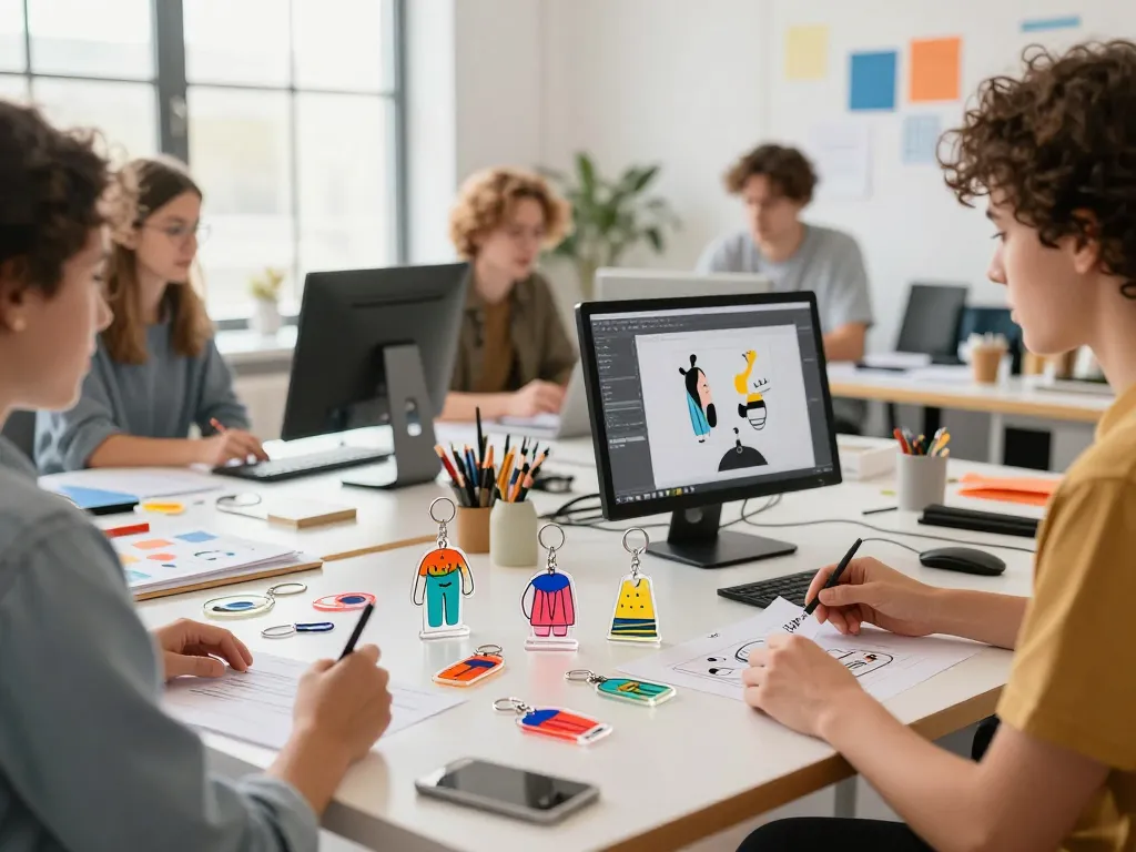 Custom acrylic keychain designs displayed in a vibrant workspace, showcasing creativity and craftsmanship.