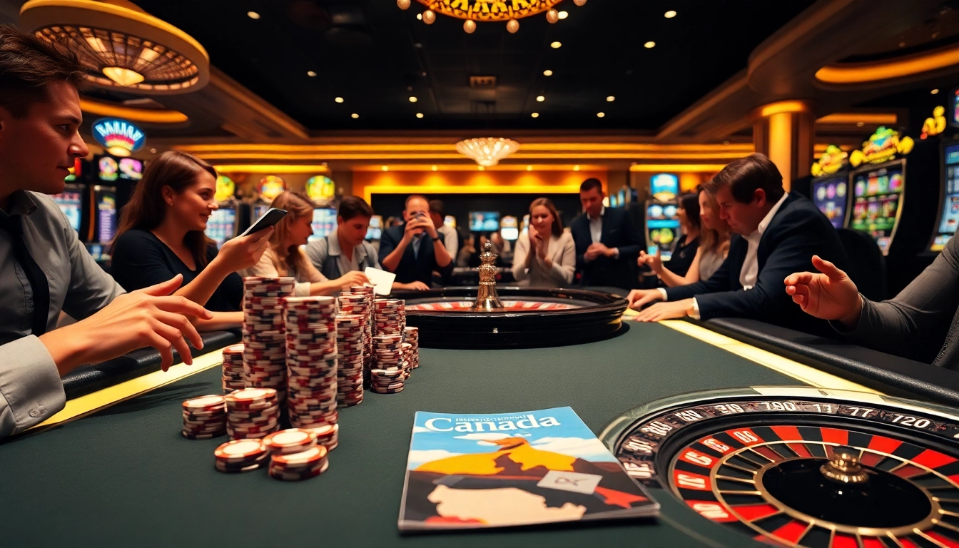 Excited gamblers at a luxurious casino table, playing poker with a focus on winning strategies related to canada visitor visa from australia.