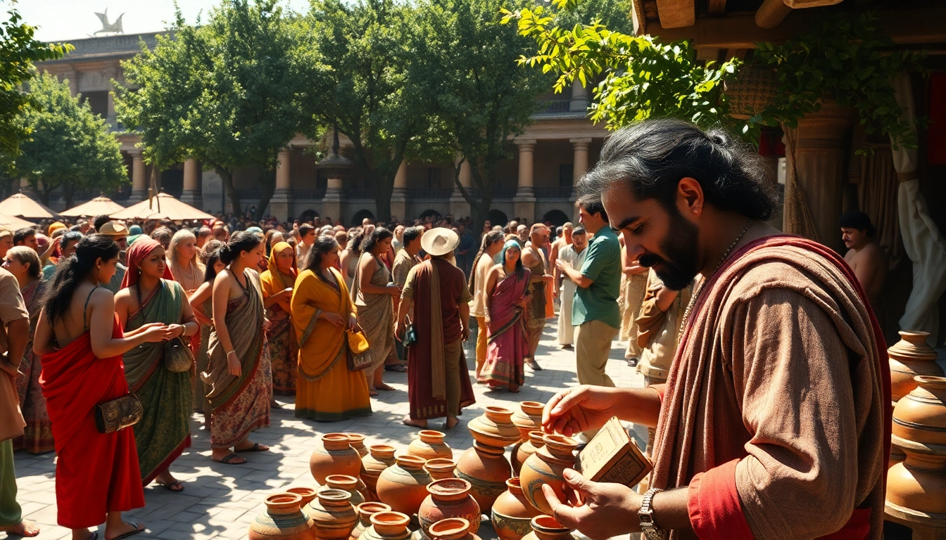 Illustrating traditional economy simple definition, merchants engage in product exchange at a vibrant marketplace.
