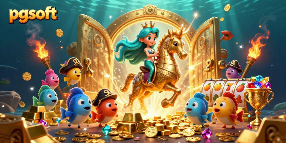 Engage with exciting pg soft slots while the mermaid princess rides her seahorse amidst treasures.