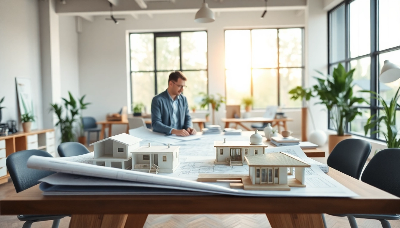 Contact residential architect Boston discussing design plans in a bright office space.