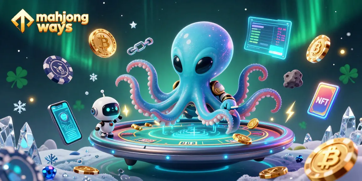 Play mahjong ways with an alien octopus at a holographic poker table full of vibrant casino elements.