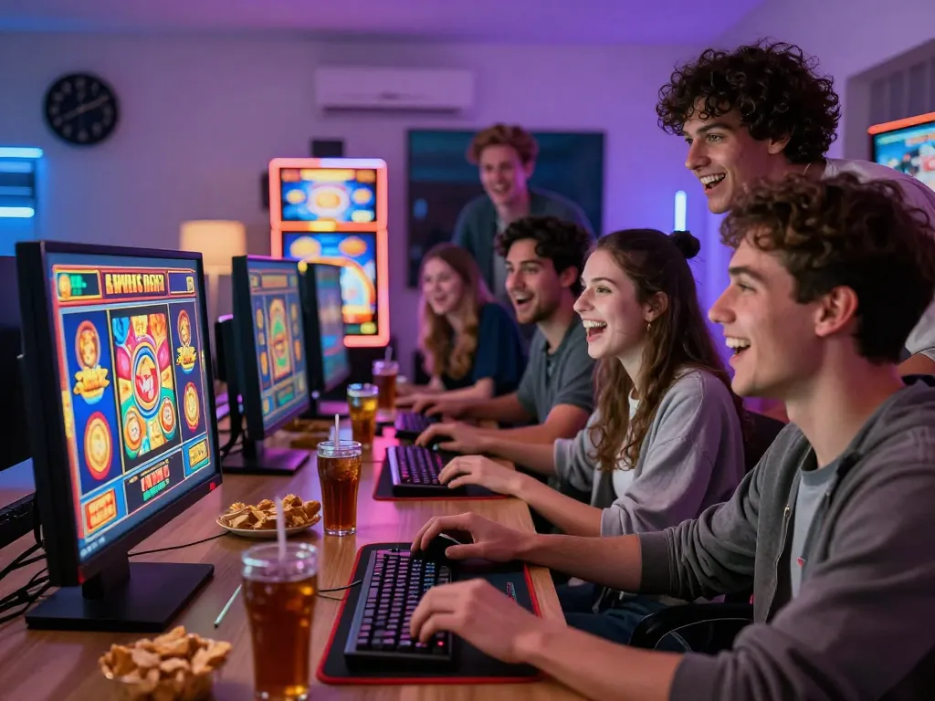 Excited friends enjoying slot gacor hari ini in a vibrant gaming session at home with snacks and drinks.