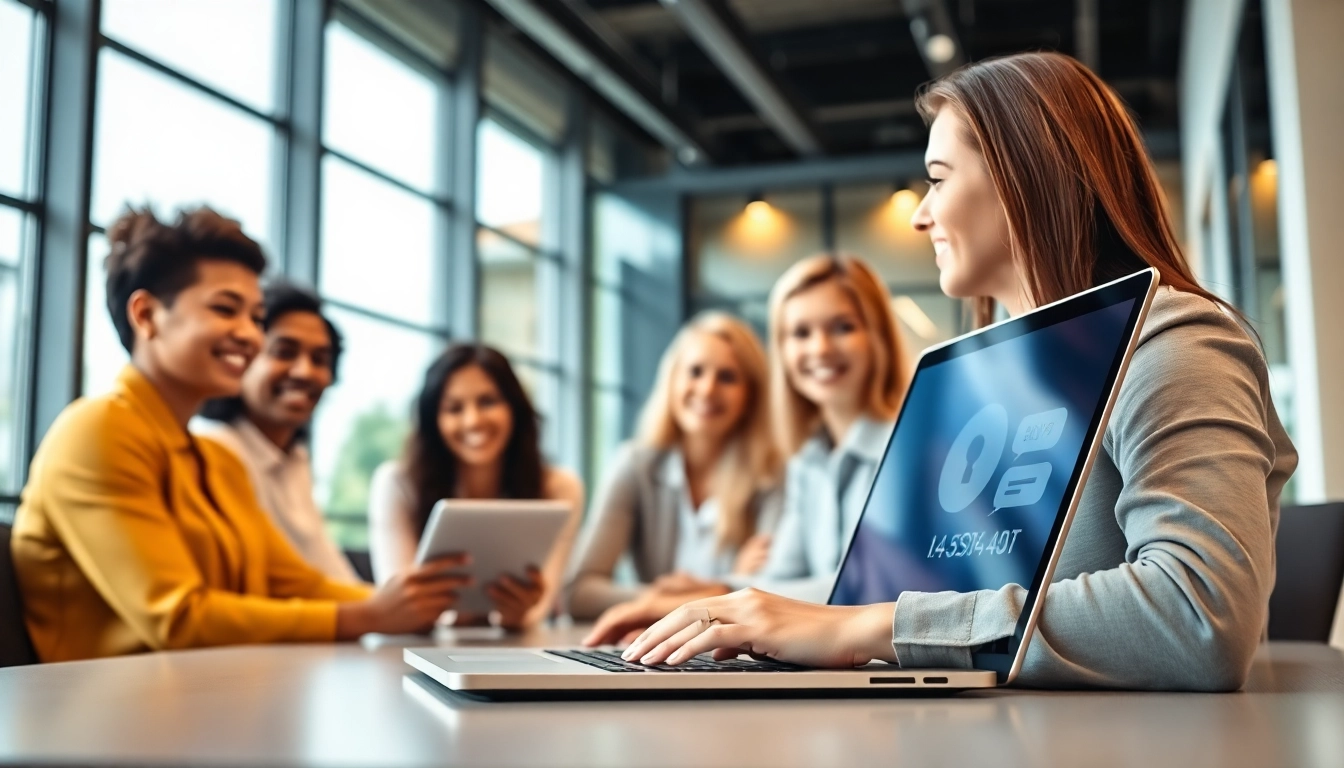 Engaged employees interacting with an enterprise assistant interface in a modern office.