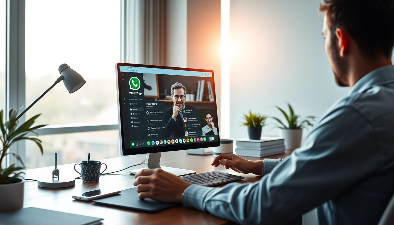 展示了 WhatsApp Web 的互动工作区，凸显现代沟通。