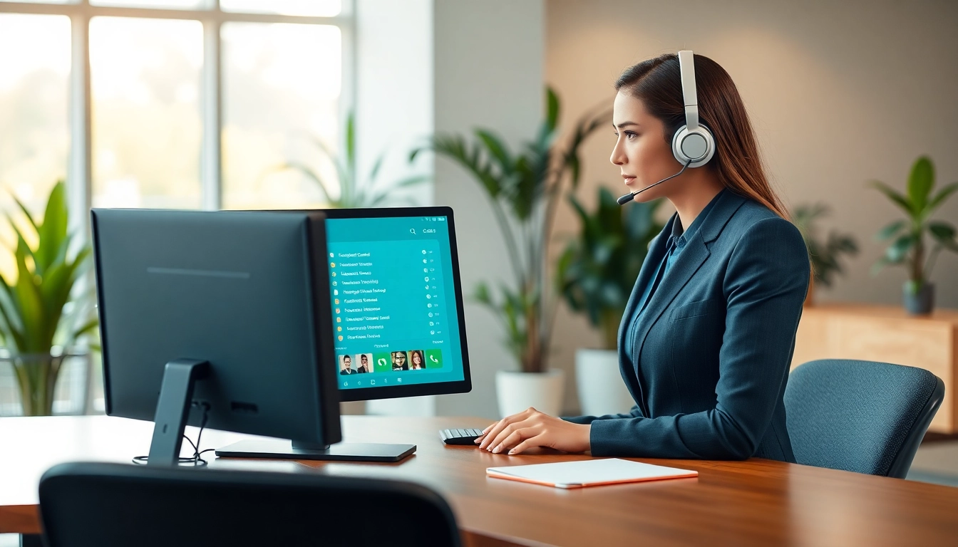 AI Receptionist efficiently handling calls in a modern office setting with focus on interaction.
