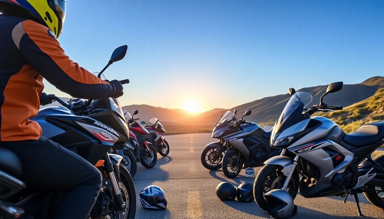 View a lineup of 125cc and 250cc beginner motorcycles ready for adventure on a scenic road.