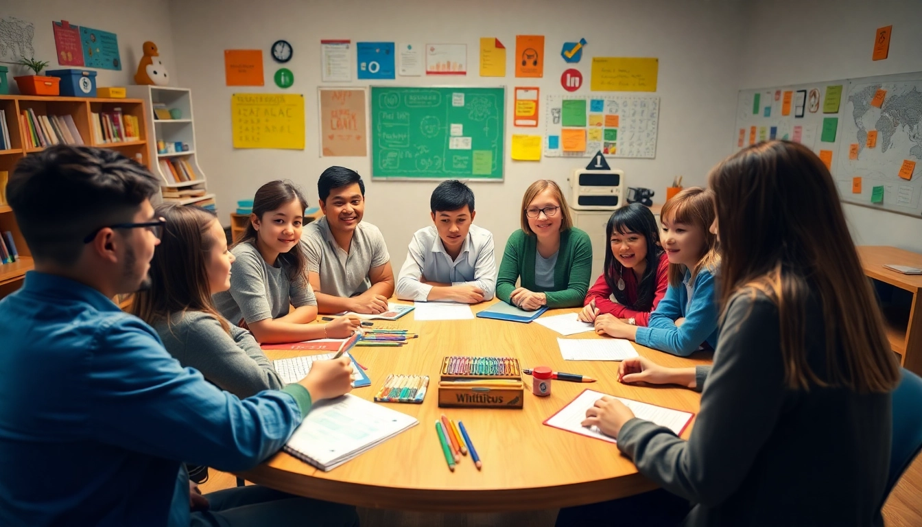 Engaged students in a collaborative Education activity within a vibrant classroom environment.