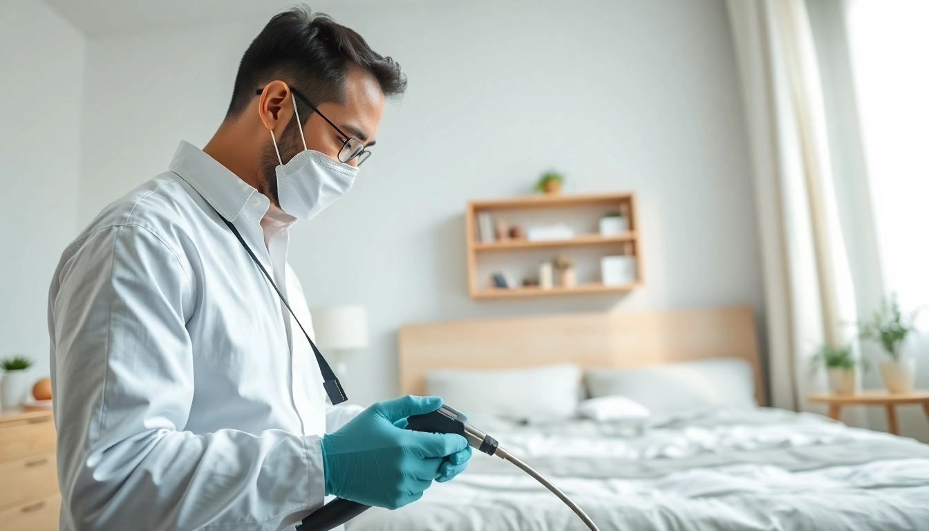 Implementing effective bed bug control measures by a pest control expert in a clean, organized bedroom.