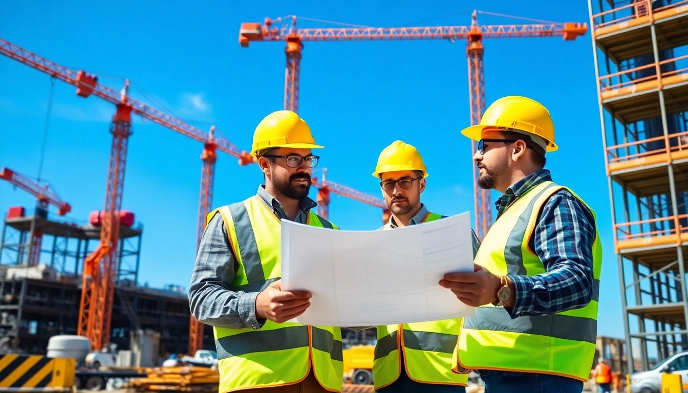 Manhattan Commercial General Contractor collaborating with workers on-site with blueprints.