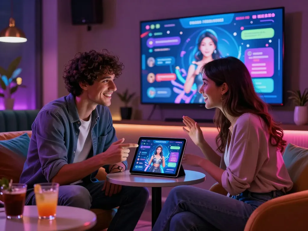 Engaging adults in a lounge using 18+ ai for interactive chats, showcasing modern digital interaction.