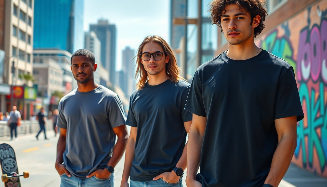 Showcase of the best blank t shirts worn by models in an urban setting.