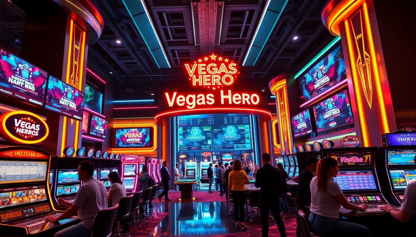 Experience the electrifying atmosphere of Vegas hero with players enjoying casino games and neon lights.