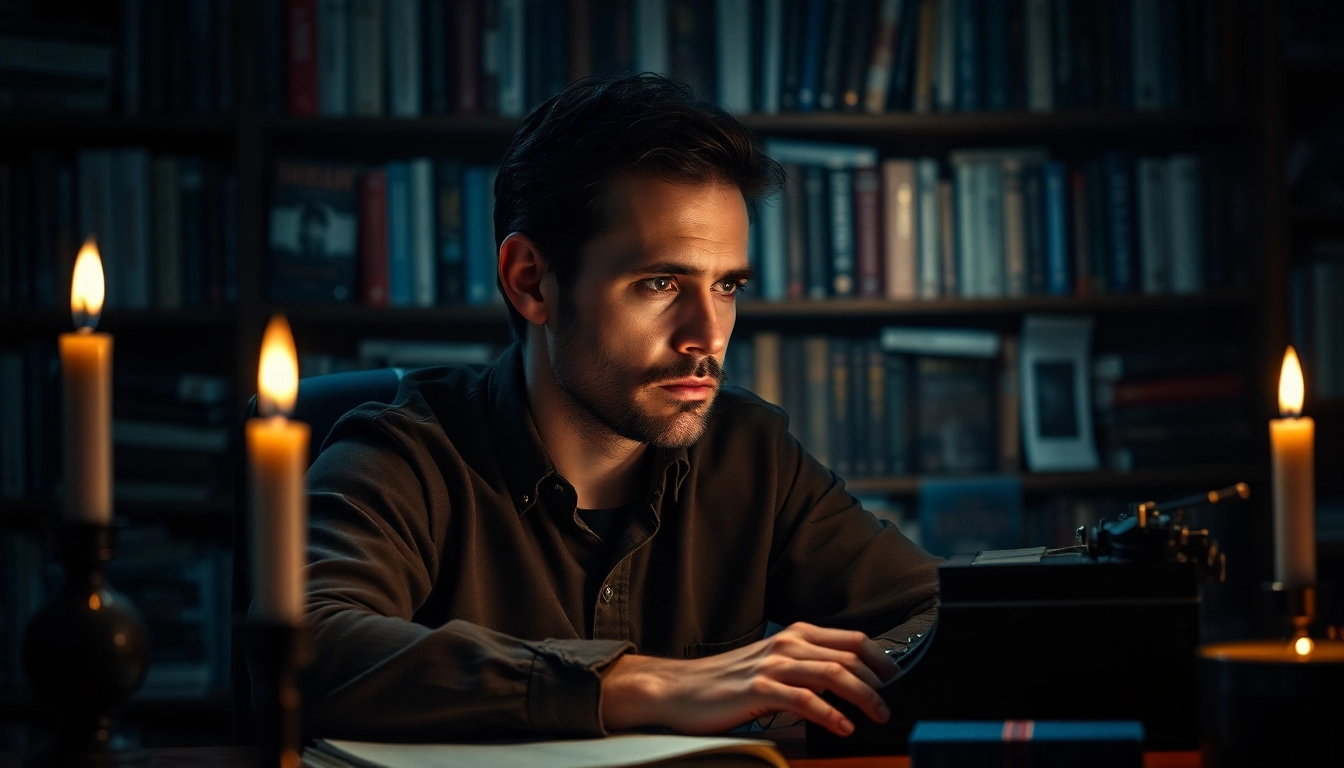 A thriller author deeply immersed in writing, surrounded by books in a moody setting.