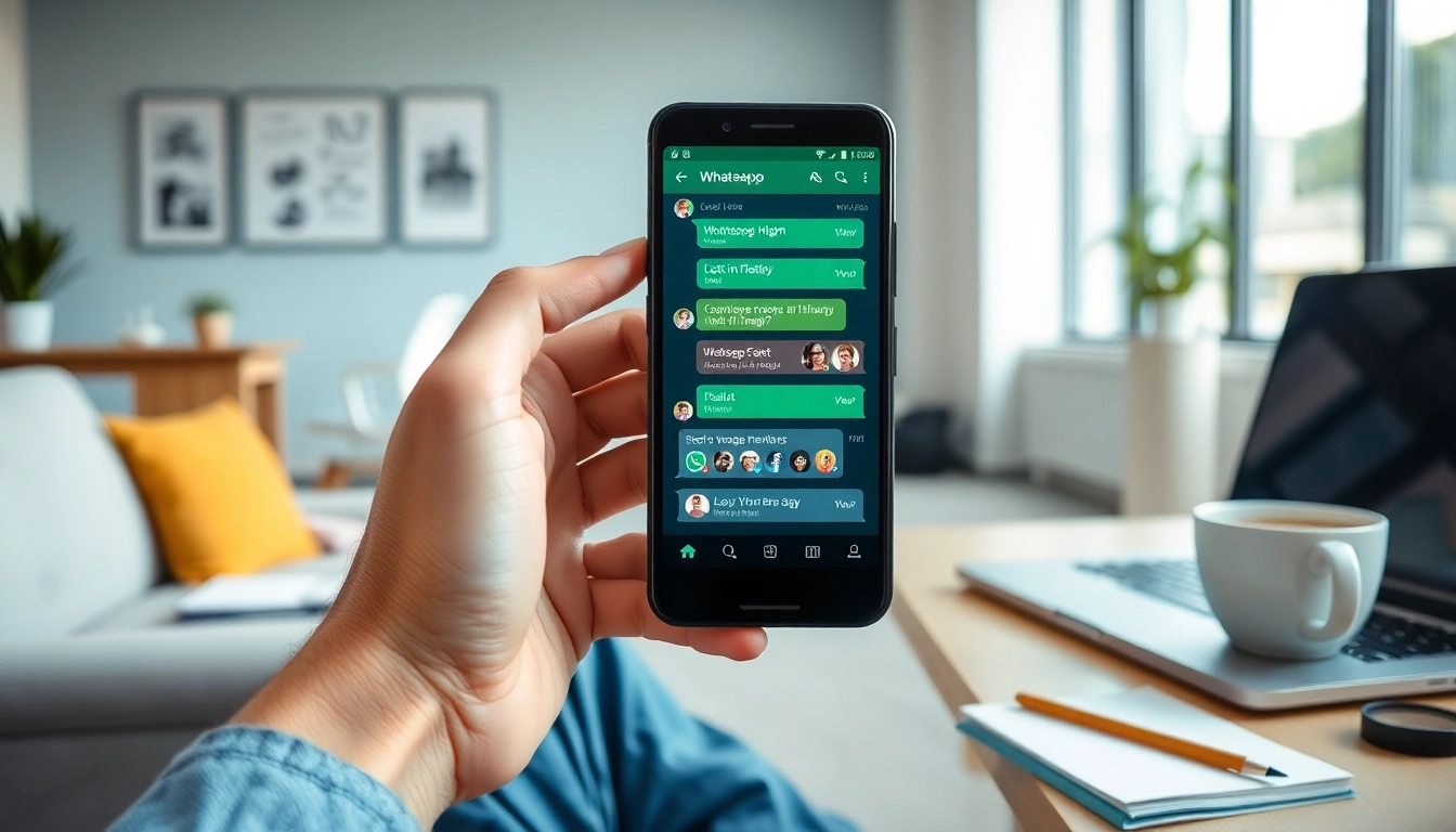 Engage with the GB WhatsApp app on a smartphone in a modern workspace.