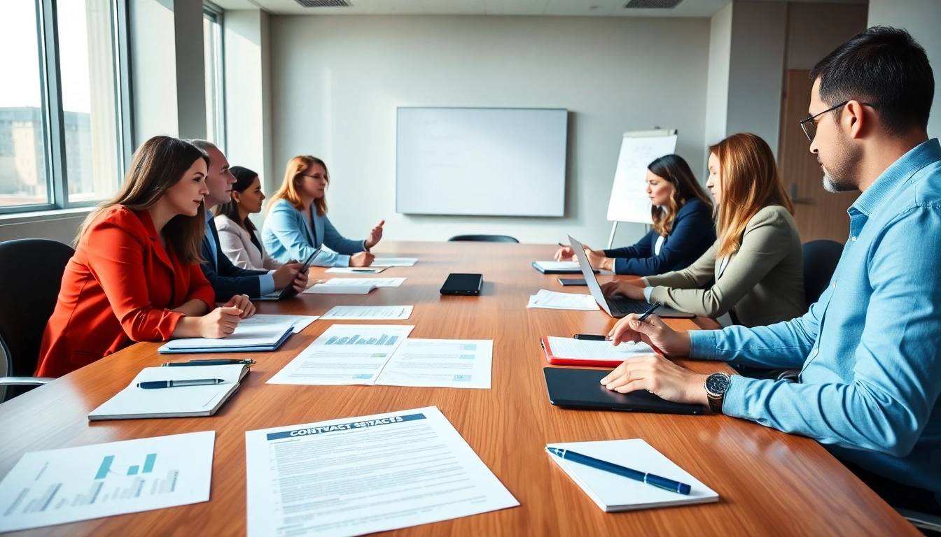 Engaged professionals discussing Federal and State contracts in a modern meeting room.