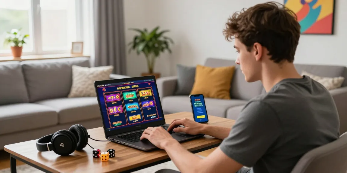 Player enjoying slots at casinos that accept credit cards in a stylish living room, vibrant ambiance.
