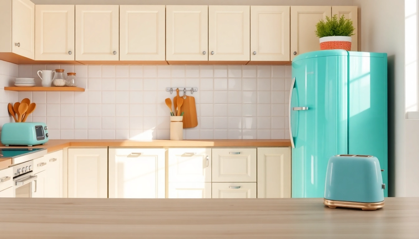 Bright kitchen featuring retro appliances like a mint green refrigerator, adding nostalgic charm.