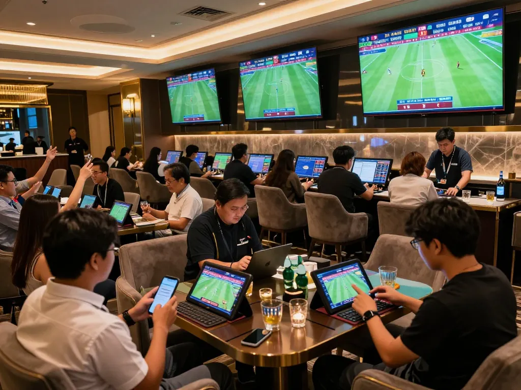 Engaged bettors analyze kèo nhà cái 5 while placing bets in a stylish sports lounge.