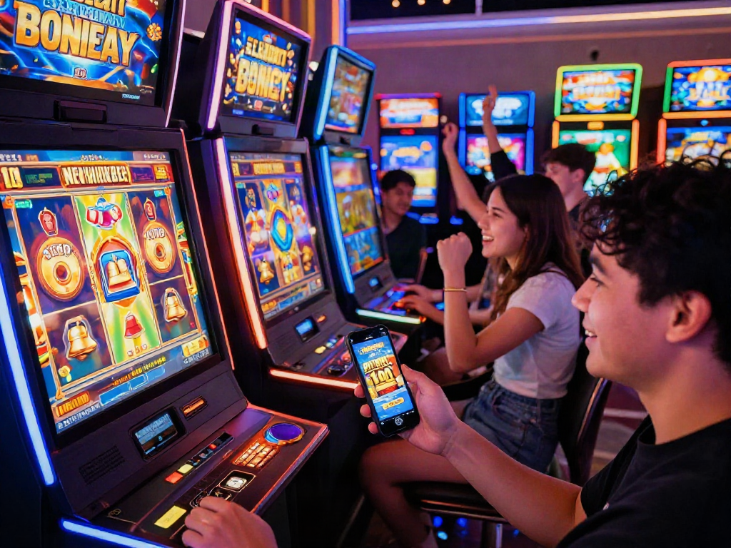 Engaged player celebrating a win with the slot bonus new member 100 in a lively virtual casino.