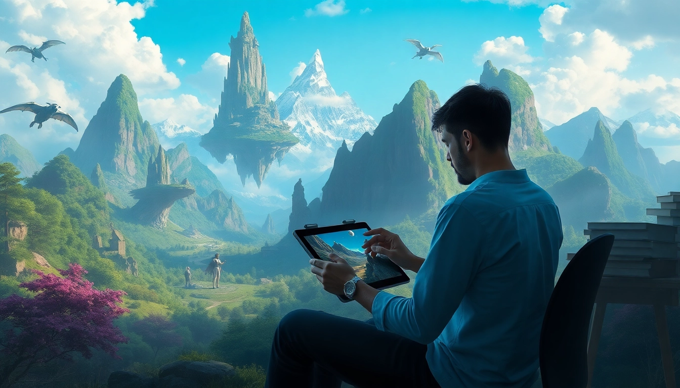 Creating a fantasy landscape centered around https://www.trilgameshproject.com, featuring vibrant colors and mystical elements.