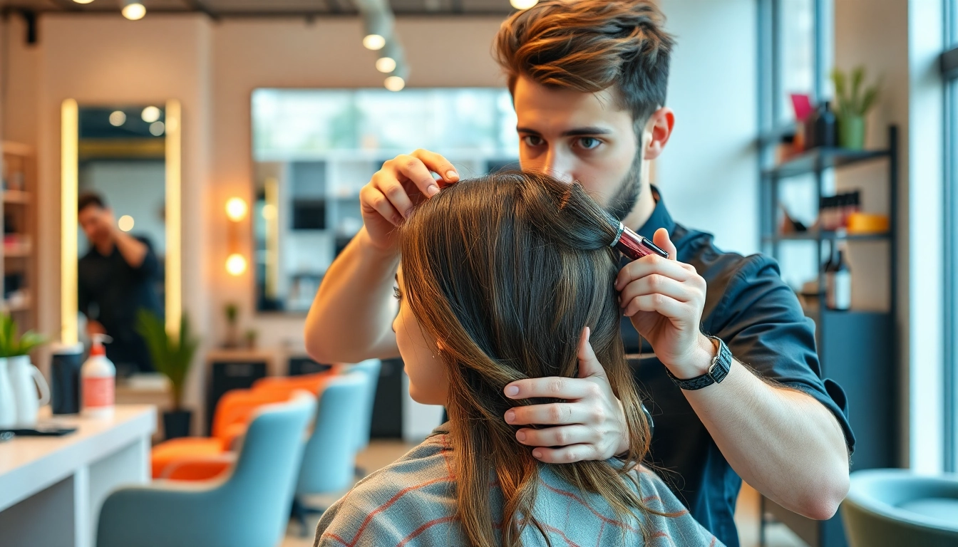 A skilled hair stylist bucuresti working on a client's hairstyle in a modern salon.