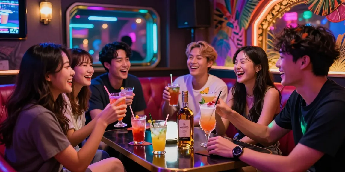 Jeju Island nightlife scene with friends enjoying 제주도유흥 at a karaoke bar, colorful lights and drinks create a festive atmosphere.