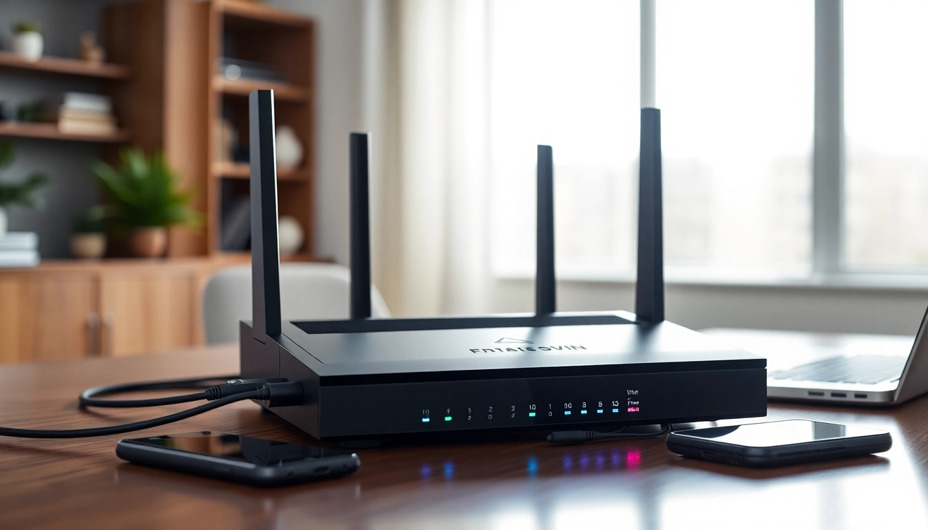 Set up a pre configured vpn router uk in a modern home office with sleek design and efficient connectivity.
